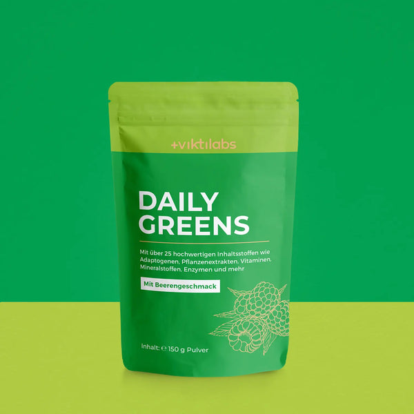 Daily Greens con sabor a bayas: más de 25 ingredientes activos procedentes de adaptógenos, extractos vegetales y enzimas